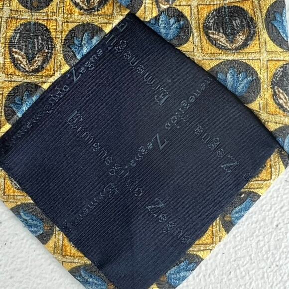 Ermenegildo Zegna Men's 100% Silk Yellow with Floral/ Geometric Pattern Tie - Picture 7 of 10